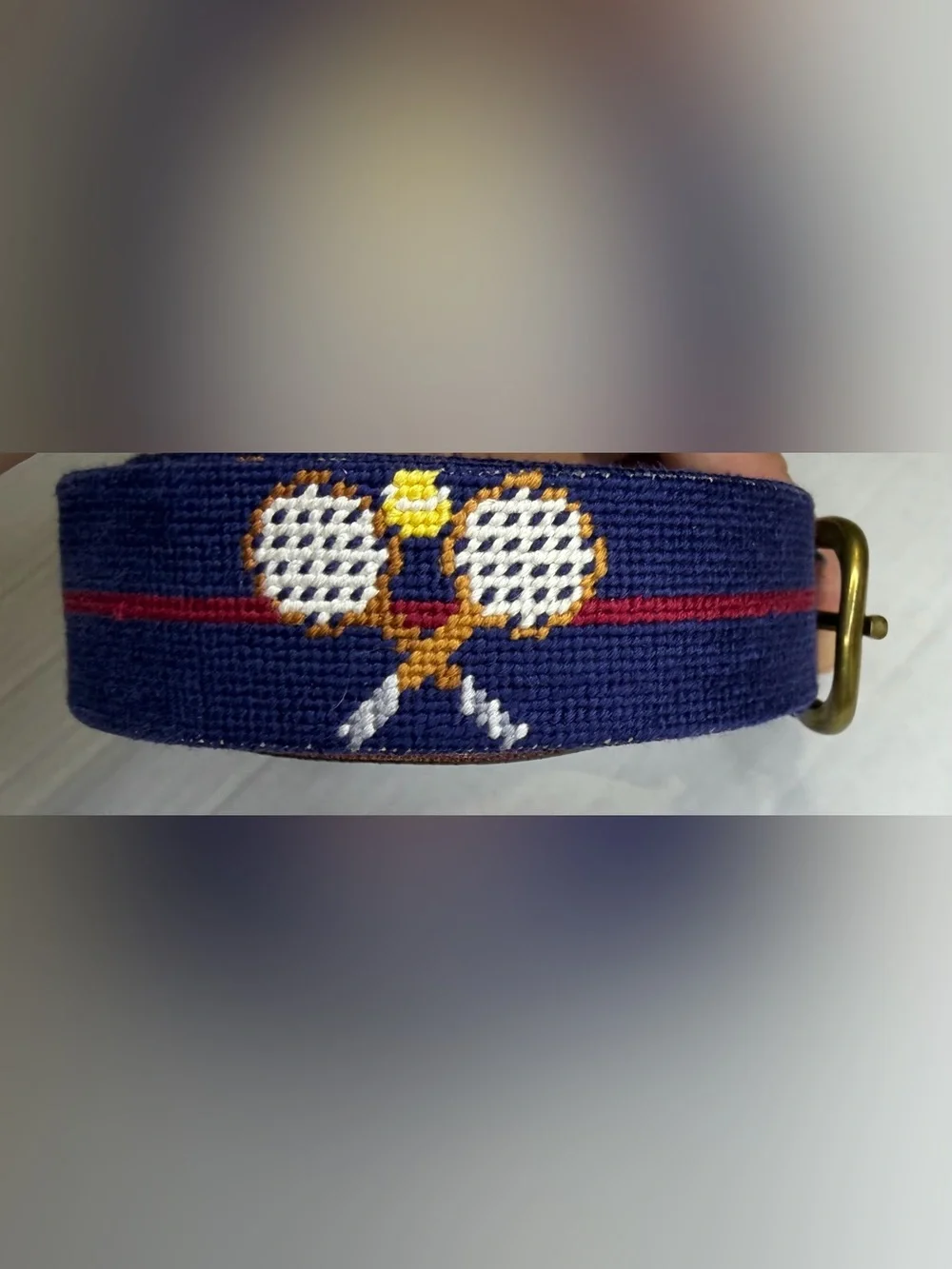 Smathers & Branson Crossed Tennis Racquets Needlepoint Belt Size 32 Navy Brass